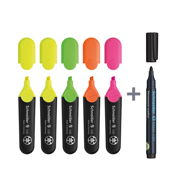 Marcador fluor. Schneider TM JOB + Rotulador Maxx 130. Set 5 u.